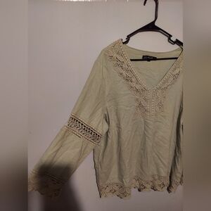 Boho Peasant Linen Blend Embroidered Tunic Top Size 2X Green Beachy Festival